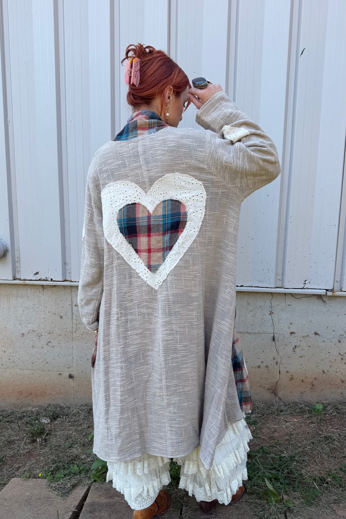 Plaid Textured Lace Heart Patch Woven Open Front Coat