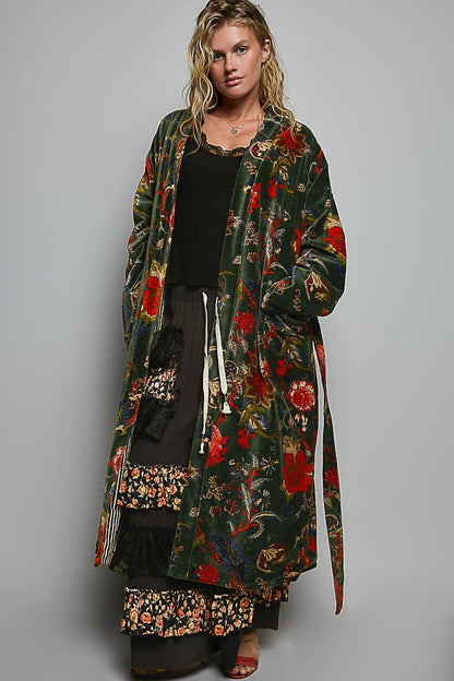 Full Length Self Tie Belt Kimono Style Robe Velvet Jacket in Green