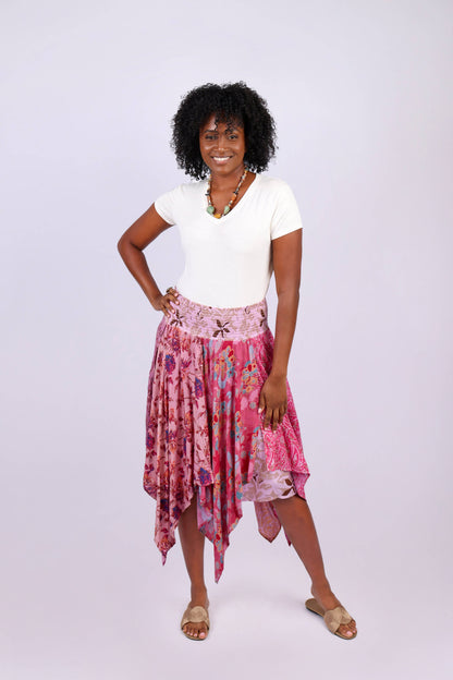 Hankerchief Hem Patchwork Skirt: Pink Flora Aura
