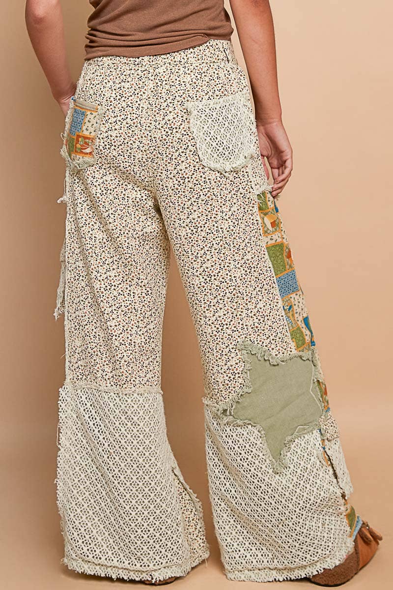 Ella James Printed Patchwork Detail Woven Twill Pants