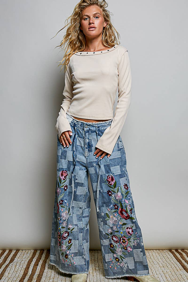 Floral Maze Vintage Patchwork Denim Floral Embroidered Wide Leg Pants