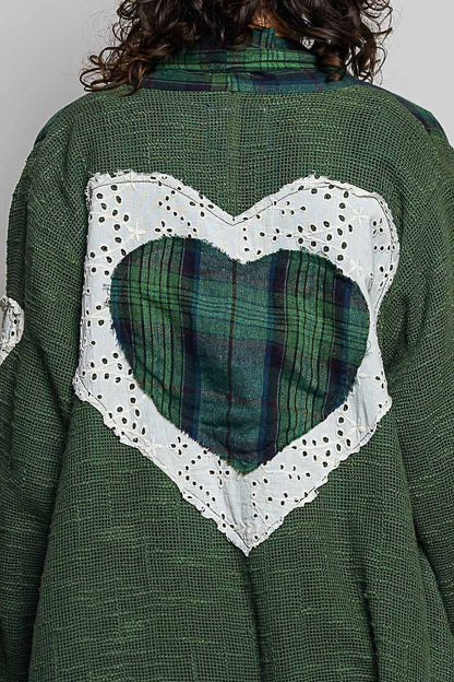 Plaid Textured Lace Heart Patch Woven Open Front Coat