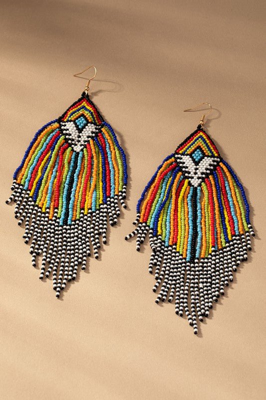 6.5 inch Aztec seed bead statement drop earrings - ivyandlavyboutique LA3accessories