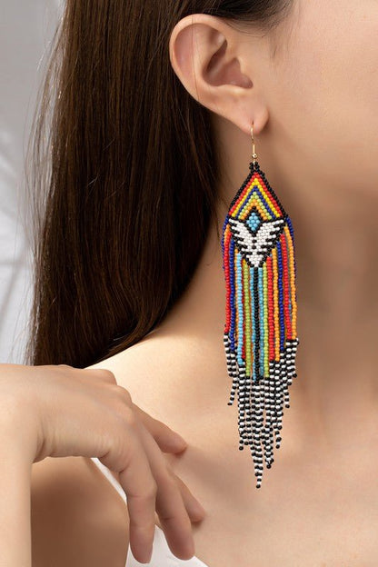 6.5 inch Aztec seed bead statement drop earrings - ivyandlavyboutique LA3accessories
