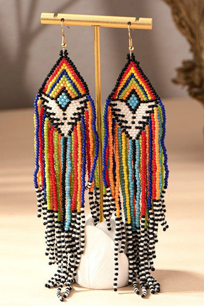 6.5 inch Aztec seed bead statement drop earrings - ivyandlavyboutique LA3accessories