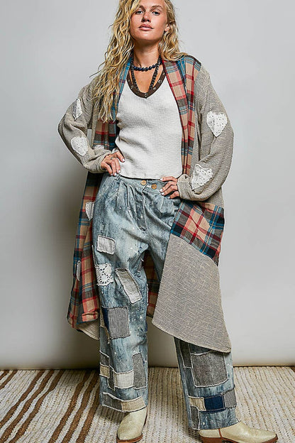 Heart Throb Plaid Textured Lace Heart Patch Woven Open Front Coat in Green