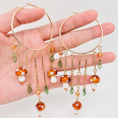 Mushroom Charm Tassel Large Ring Hoop Earrings