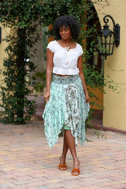 Hankerchief Hem Skirt: Mint Meadow Patchwork