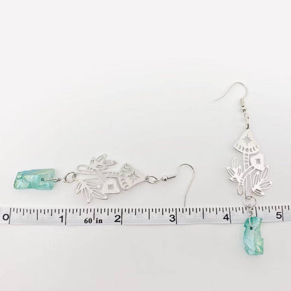 Silver Mushroom Green Crystal Pendant Earrings