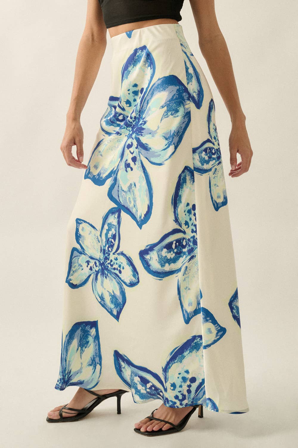 Floral-Print Satin Bias-Cut Elastic-Waist Maxi Skirt