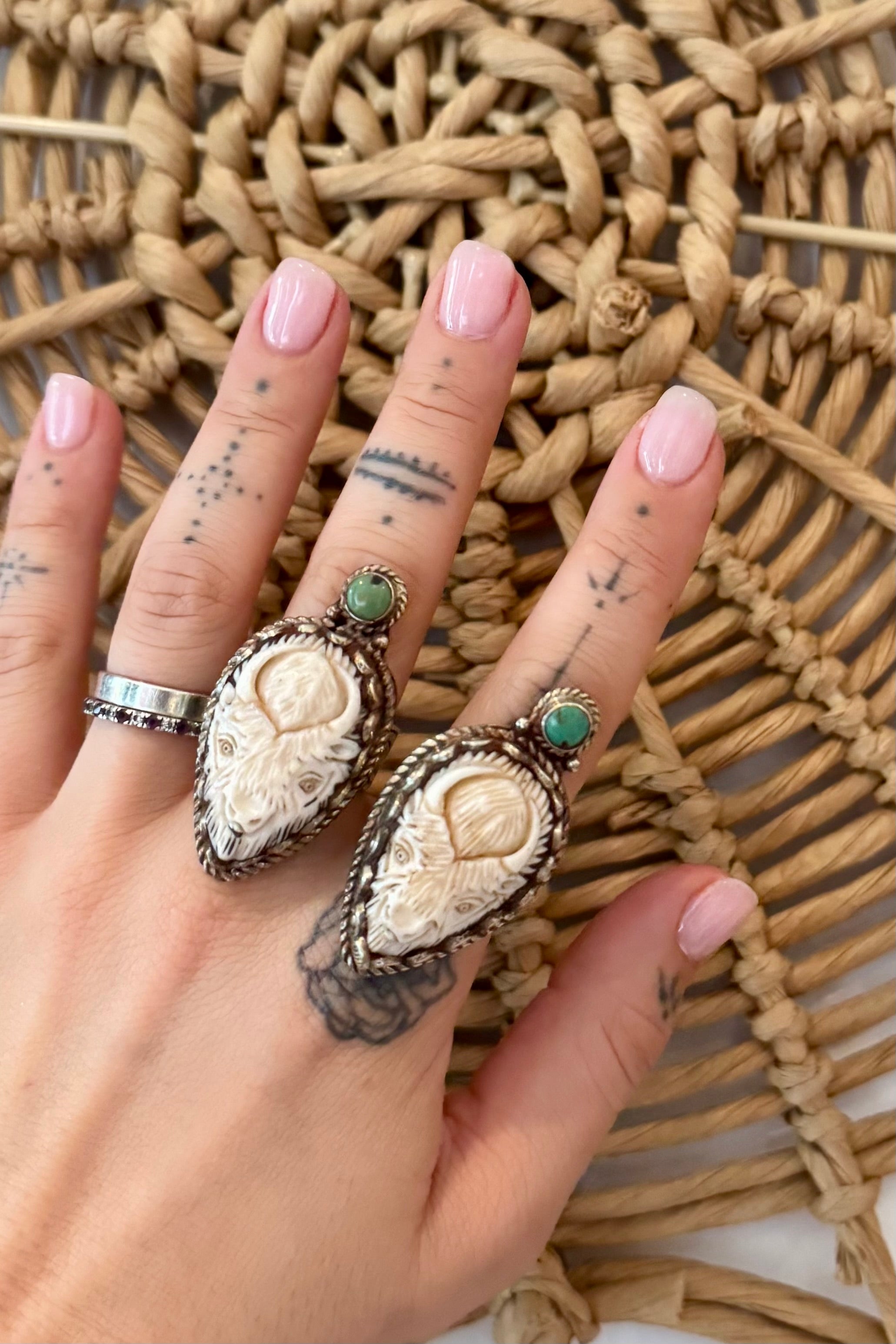 Carved Bison w/ Turquoise Ring