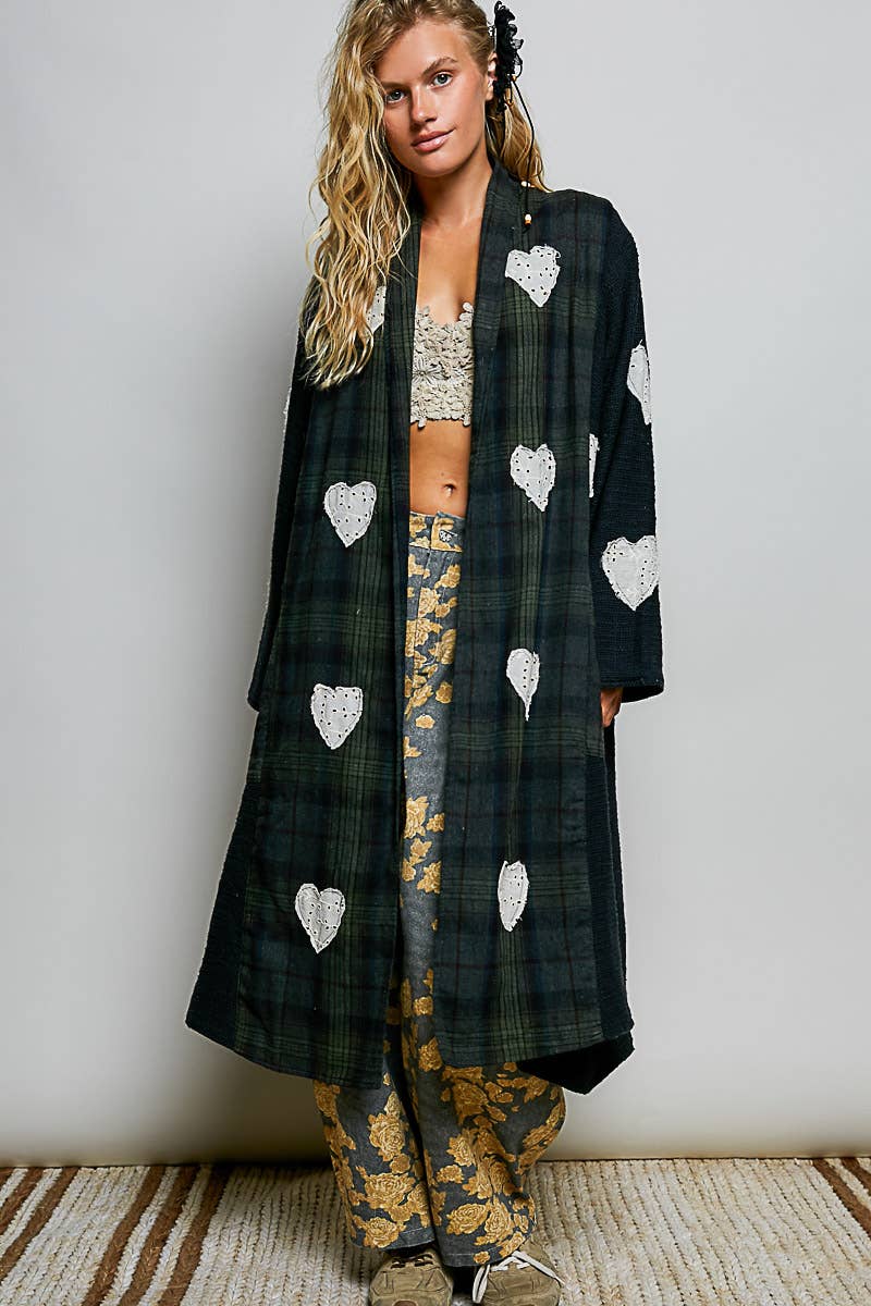 Plaid Textured Lace Heart Patch Woven Open Front Coat