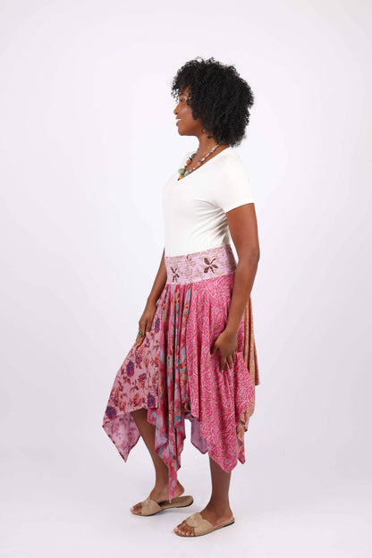 Hankerchief Hem Patchwork Skirt: Pink Flora Aura