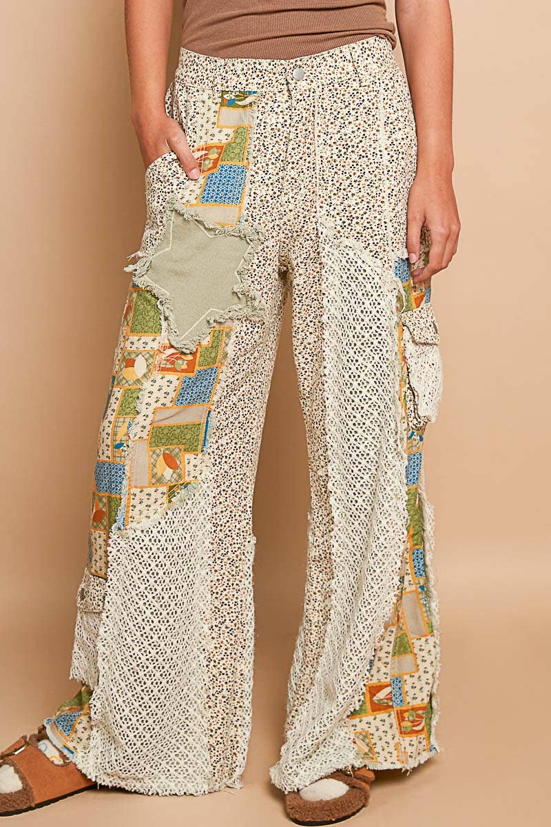 Ella James Printed Patchwork Detail Woven Twill Pants