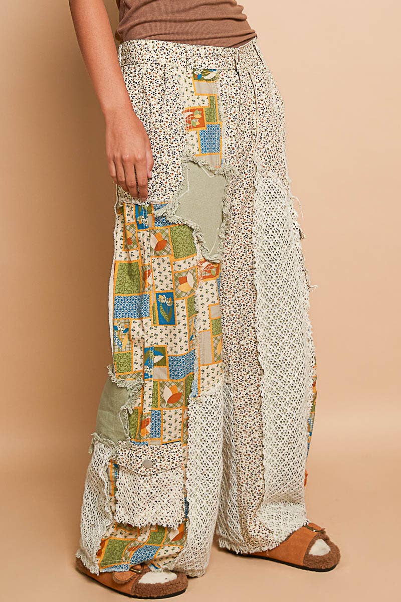 Ella James Printed Patchwork Detail Woven Twill Pants
