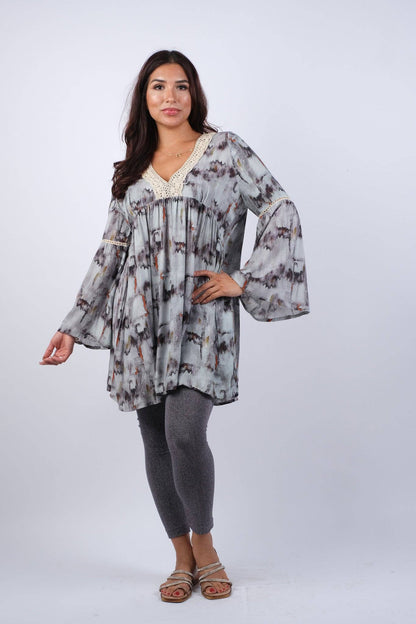 Abstract Gray Tunic with Flared Sleeves