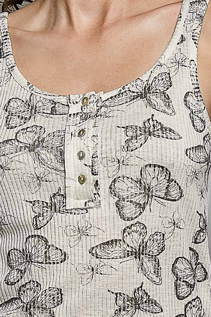 Flit & Vibe Vintage Washing Butterfly Print Slim Fit Knit Sleeveless Top