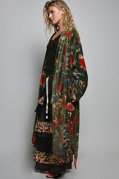 Full Length Self Tie Belt Kimono Style Robe Velvet Jacket in Green