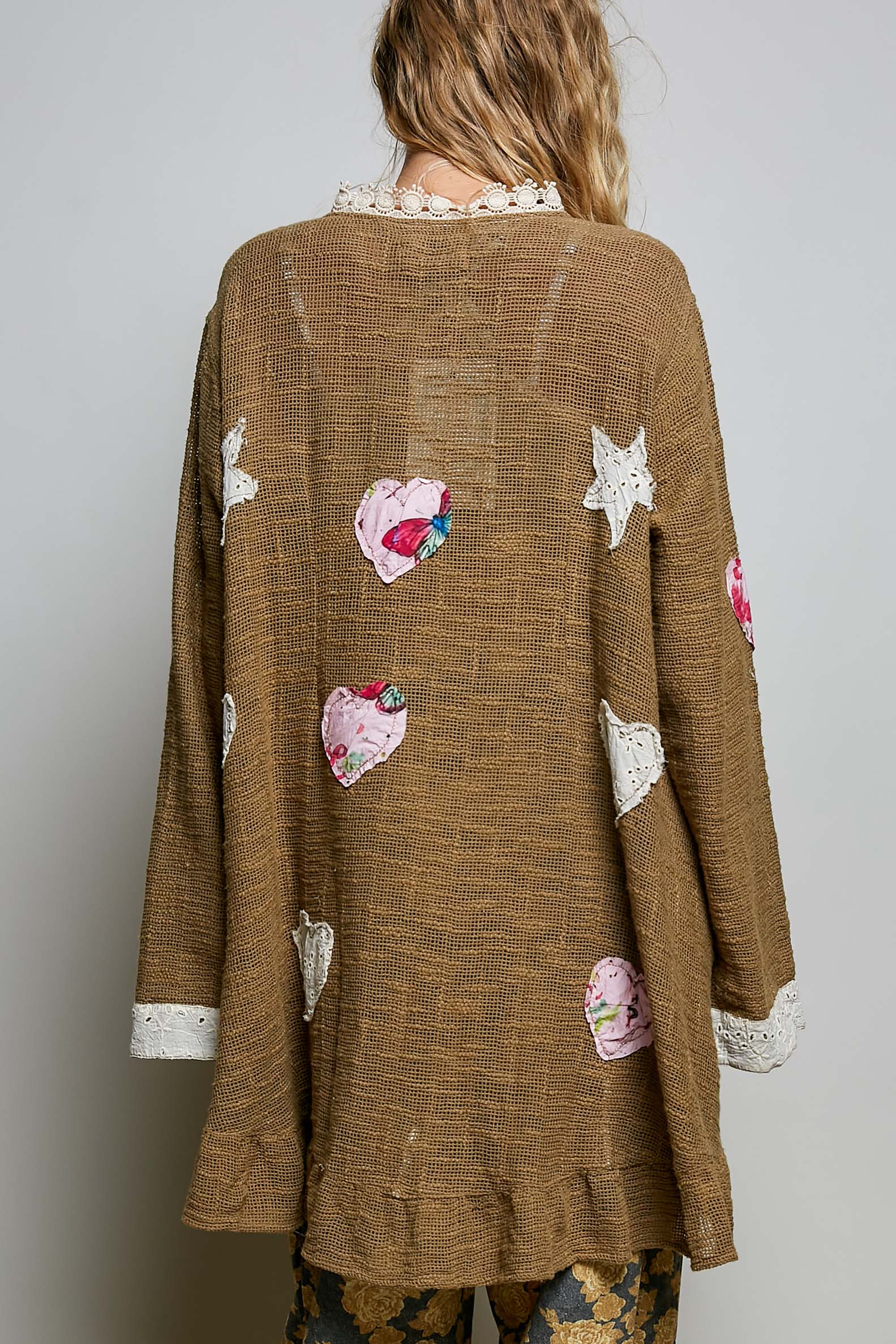 Star Gazed Floral Heart and Star Appliqué Crochet Cardigan in Mocha