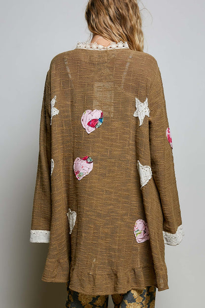 Star Gazed Floral Heart and Star Appliqué Crochet Cardigan in Mocha