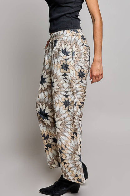 Elasticized Back Waistband Geometric Star Wide Leg Pants