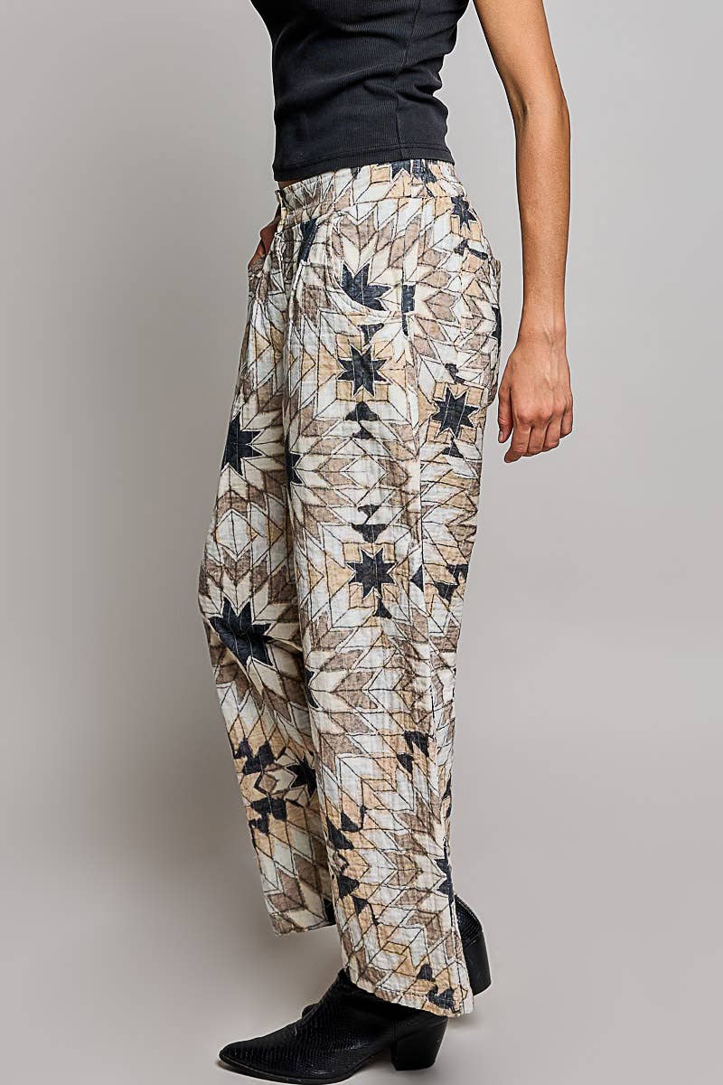 Elasticized Back Waistband Geometric Star Wide Leg Pants