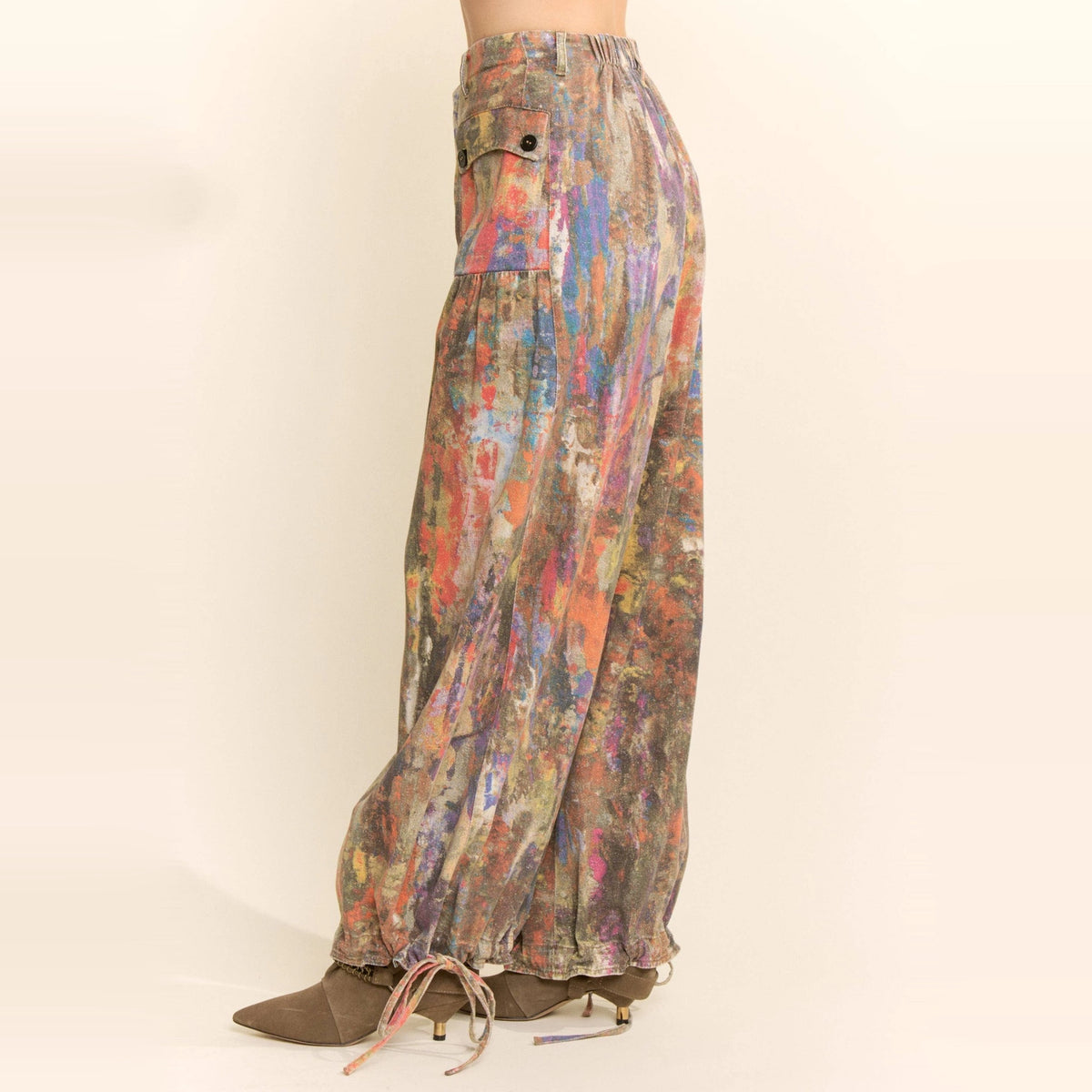 Printed Denim Wide-Leg Pants