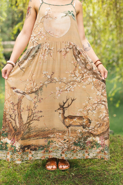 Fable Bohéme Long Maxi Slip Dress w/ Blossoms, Deer & Moon