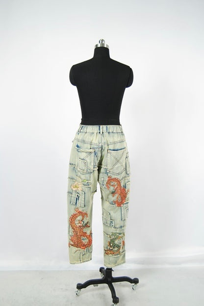 PREORDER - Breathing Fire Patchwork Dragon Denim Pants