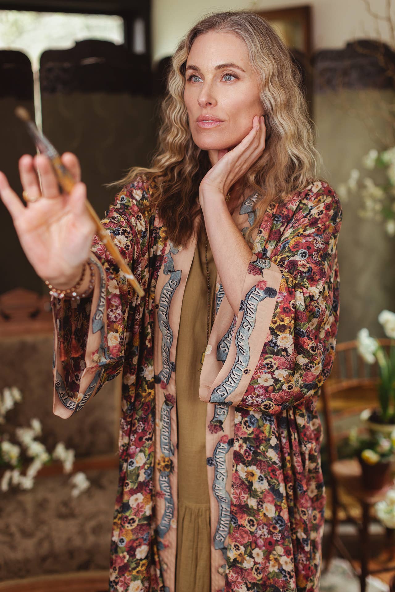 Art of Life Opera Duster Kimono Robe w/Flower Palette Print