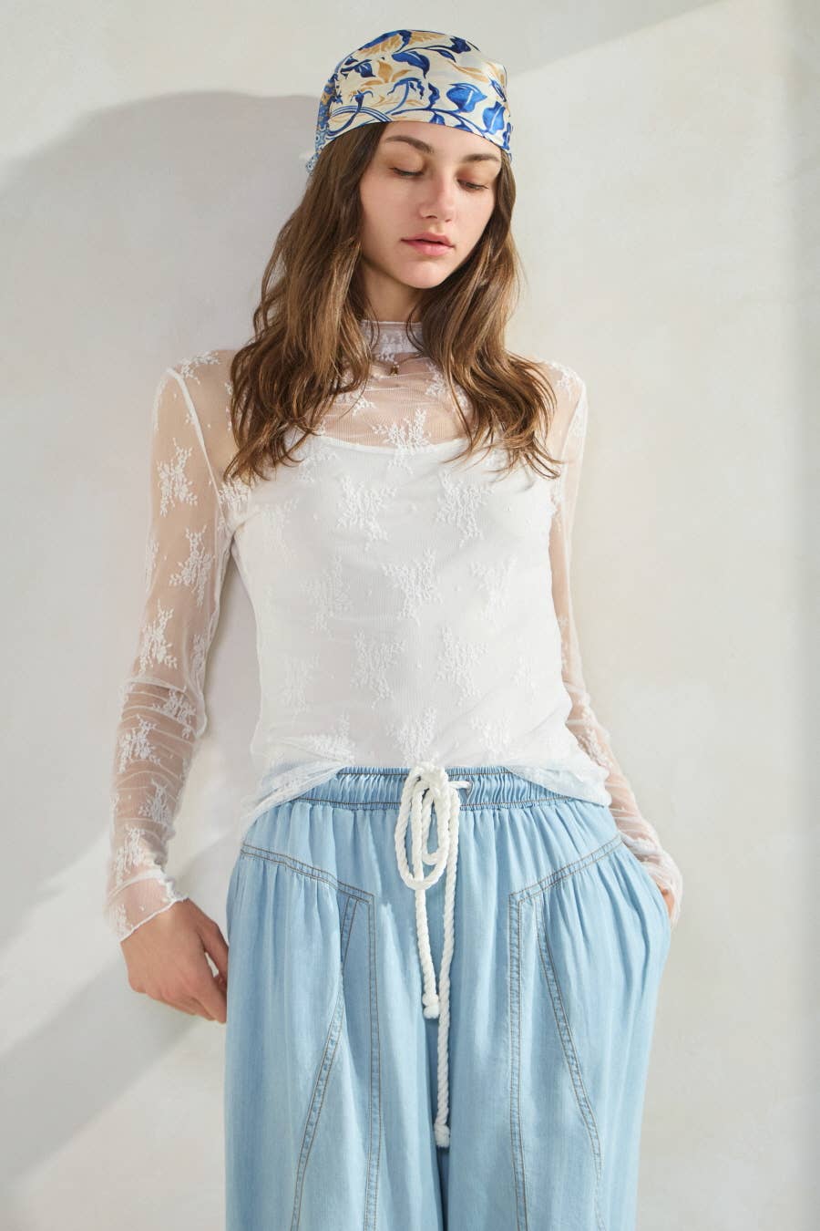 Chambray Denim Wide Palazzo Pants: Washed Dark Chambray