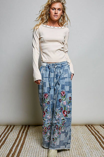 Floral Maze Vintage Patchwork Denim Floral Embroidered Wide Leg Pants