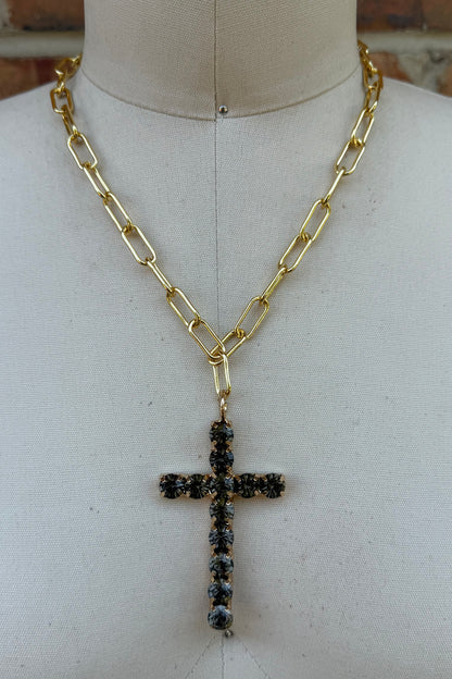 Cross Necklace in Dark Grey Gems