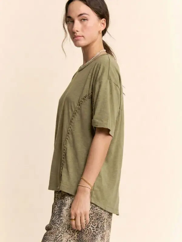 Braided Seam Detail Drop Shoulder Tee Khaki Olive