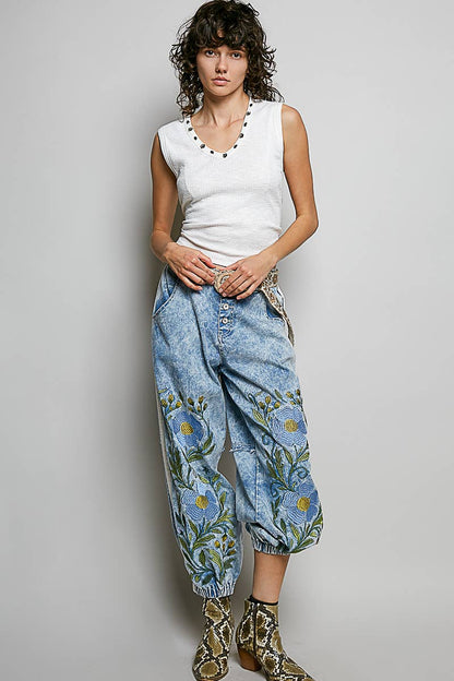 Picking Flower Vintage Floral Artisan Embroidered Twill Jogger Pants
