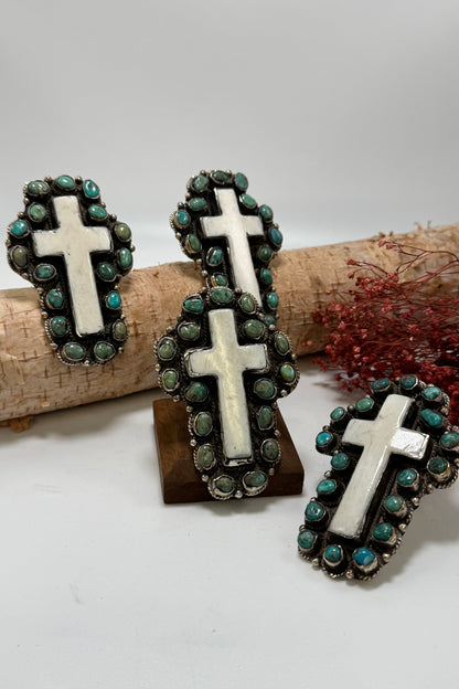 Turquoise & Bone Cross Ring