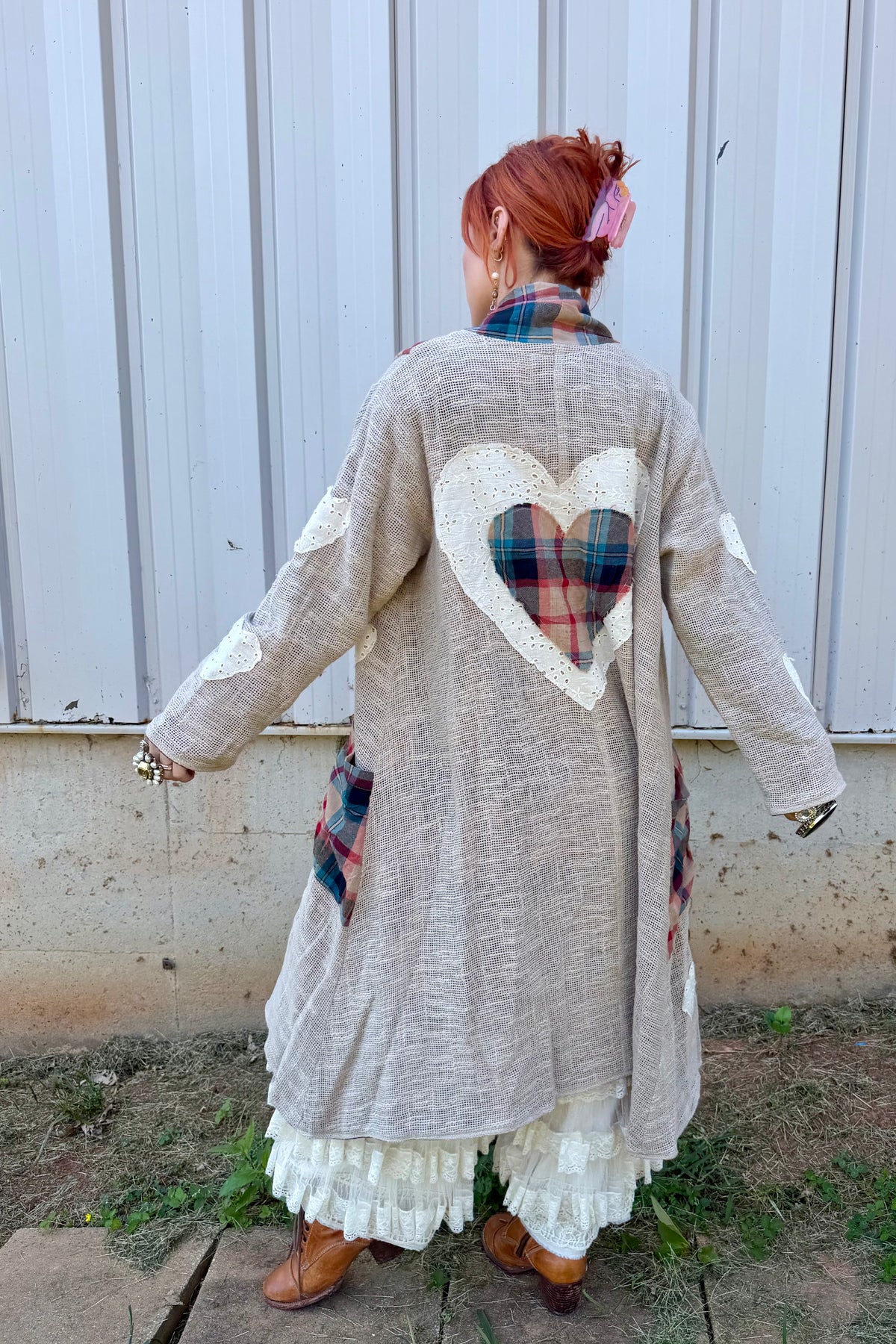 Plaid Textured Lace Heart Patch Woven Open Front Coat