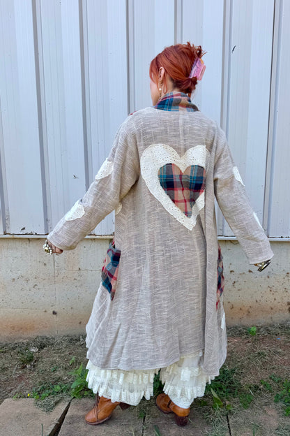 Plaid Textured Lace Heart Patch Woven Open Front Coat