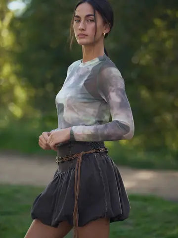 Sheer Long Sleeve Top in Olive