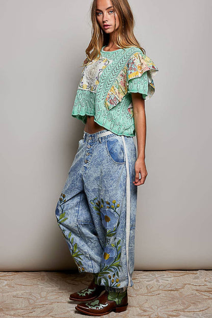 Picking Flower Vintage Floral Artisan Embroidered Twill Jogger Pants