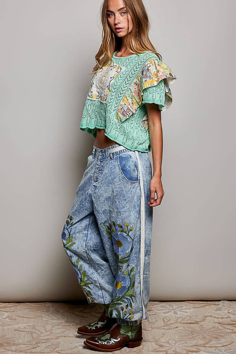 Picking Flower Vintage Floral Artisan Embroidered Twill Jogger Pants