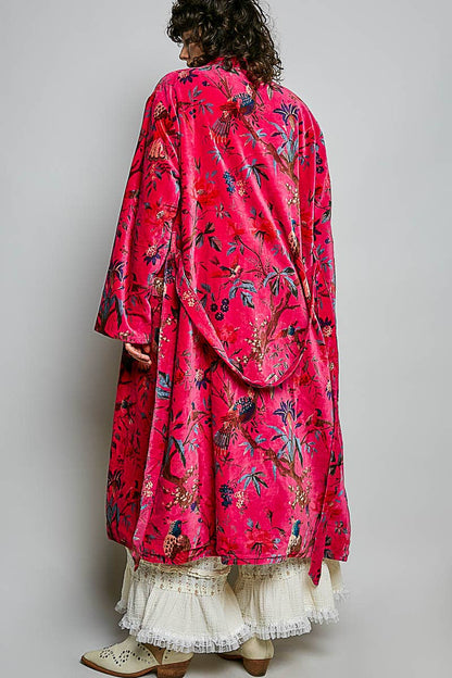 Full Length Self Tie Belt Kimono Style Robe Velvet Jacket in Fuchsia