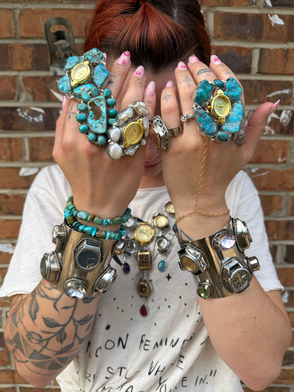 Turquoise & Gold Tick Tock Watch Ring 2
