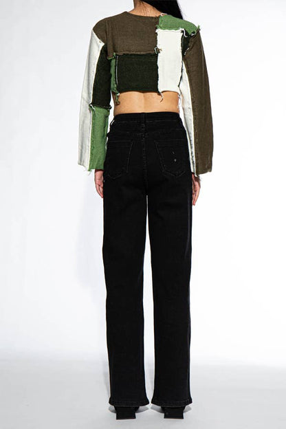 Raw Edge Color Block Cropped Knit Sweater