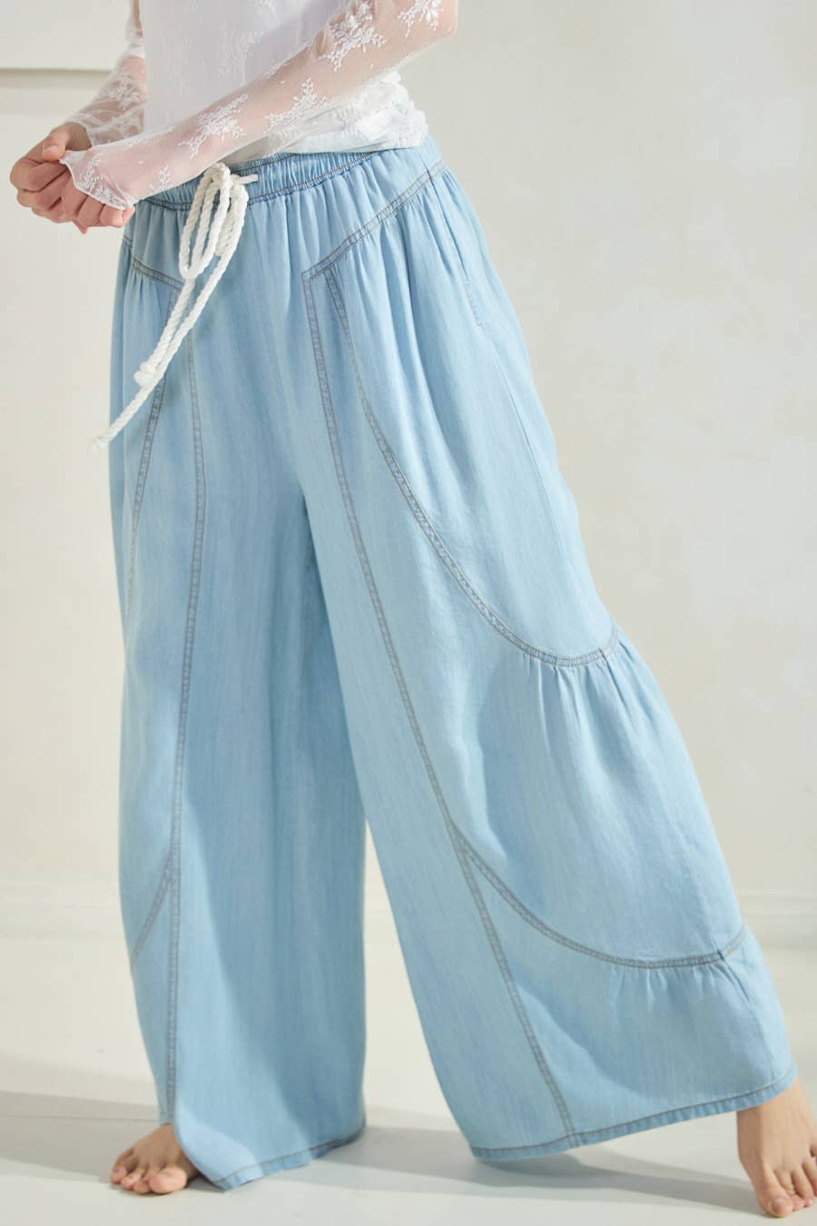 Chambray Denim Wide Palazzo Pants: Washed Dark Chambray