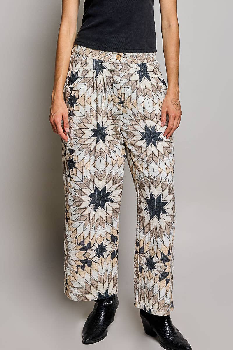 Elasticized Back Waistband Geometric Star Wide Leg Pants