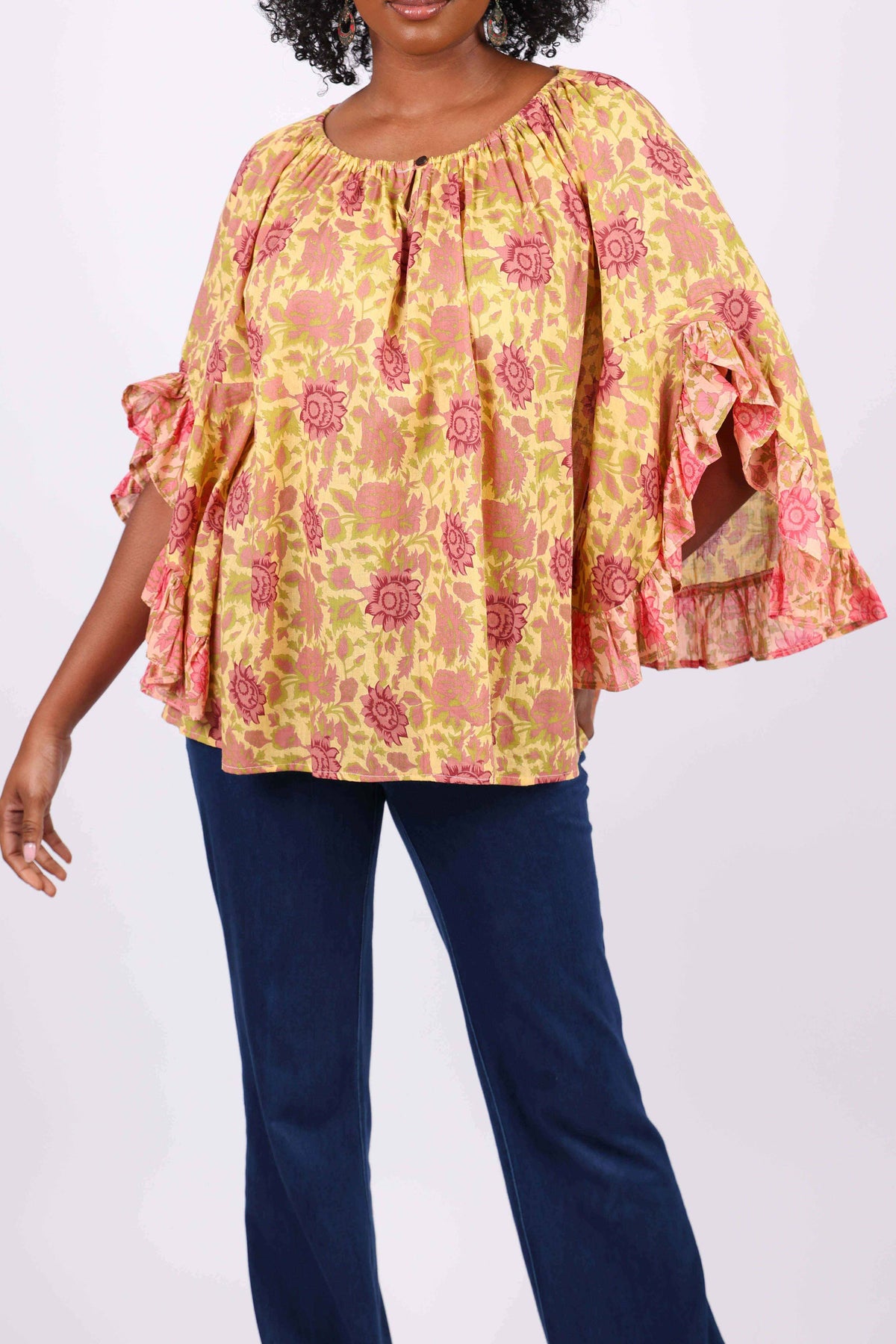 Lemon Floral Flair-Sleeve Blouse in Cotton Voile