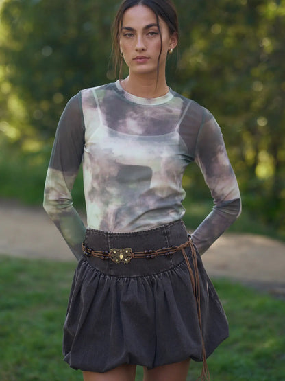Sheer Long Sleeve Top in Olive