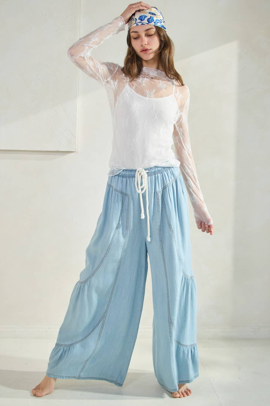 Chambray Denim Wide Palazzo Pants: Washed Dark Chambray