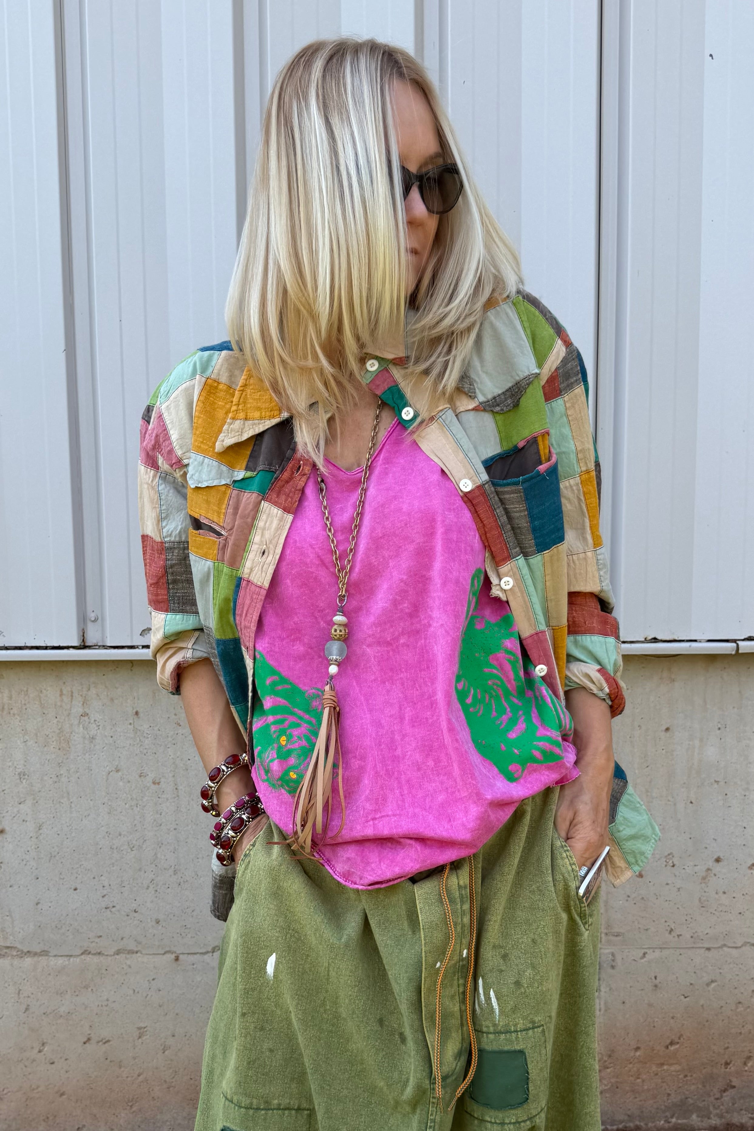 Vintage Style Tee with Tiger Graphic on Front and Back: Pink